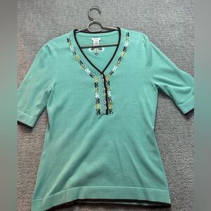 Trigelle Aqua Teal Short Sleeve Embroidered Blouse